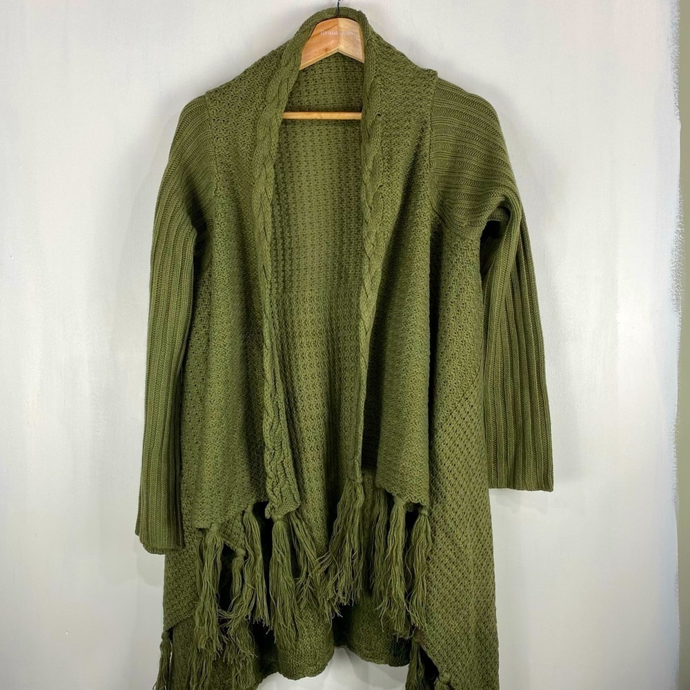 Venus BOHO Tassel‎ Fringe Longline Flowy Knit Cardigan Sweater Army Green Medium